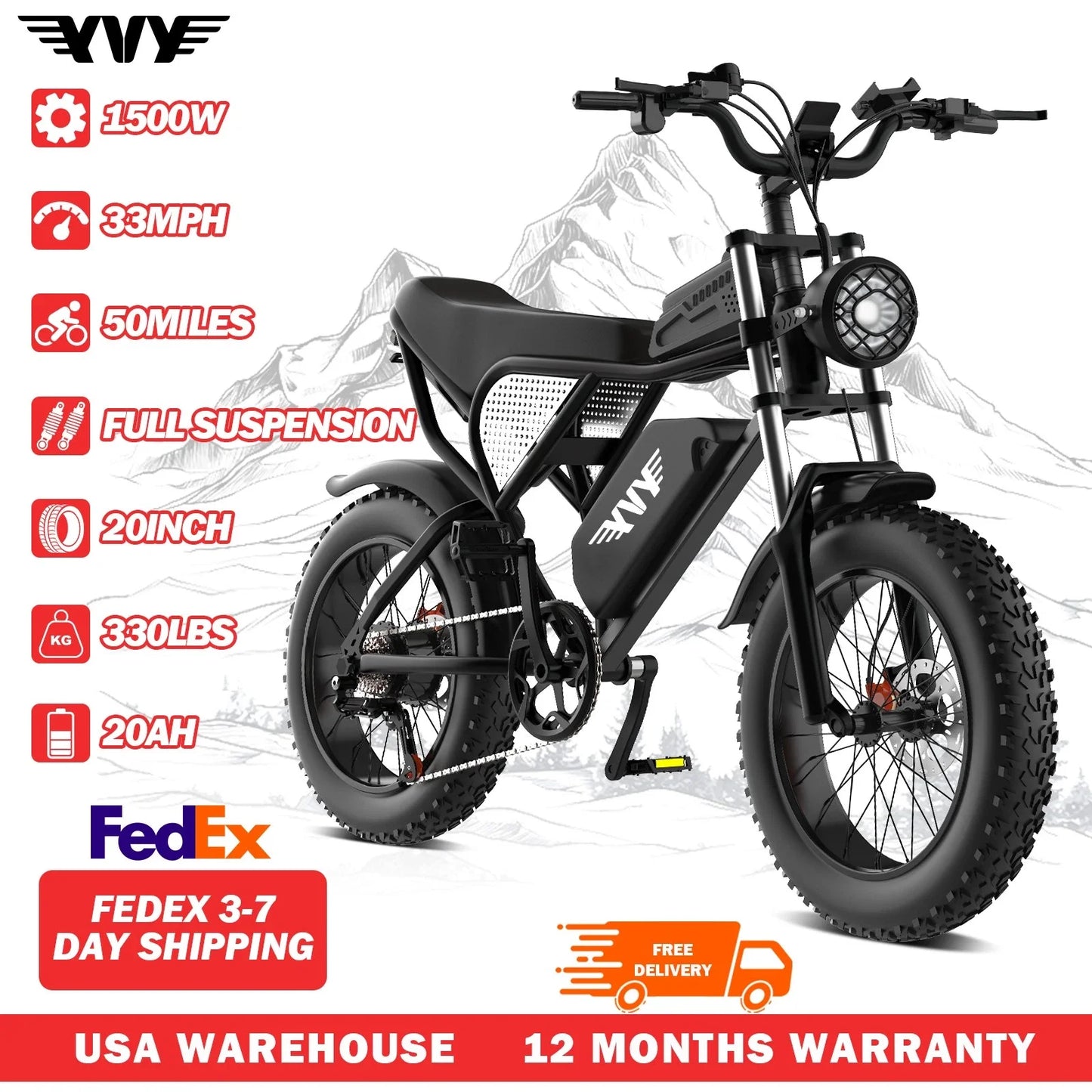 YVY Electric Bike for Adults 1500W 48V 20AH E-Bike 20"x4.0 Fat Tire Mountain Electric Bicycle Dirt Bike Electric Commute Bicycle