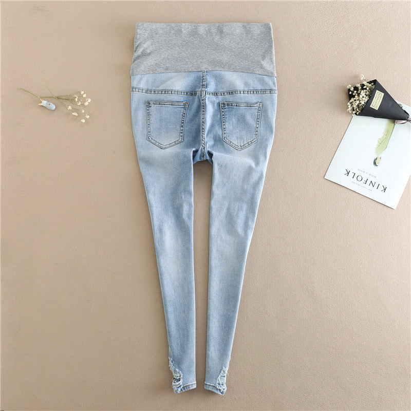 976# Embroidery Flower Denim Maternity Jeans Summer Light Blue Ripped Hole Pencil Pregnancy Trousers Clothes for Pregnant Women
