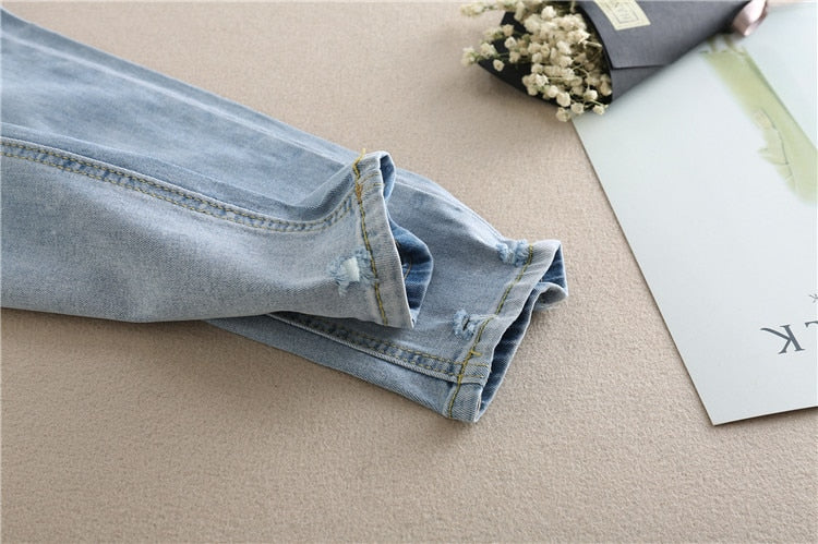 976# Embroidery Flower Denim Maternity Jeans Summer Light Blue Ripped Hole Pencil Pregnancy Trousers Clothes for Pregnant Women
