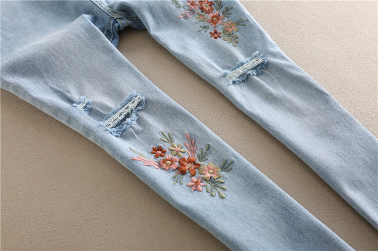 976# Embroidery Flower Denim Maternity Jeans Summer Light Blue Ripped Hole Pencil Pregnancy Trousers Clothes for Pregnant Women