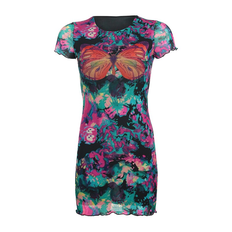 Darlingaga Colorful Butterfly Print Summer Dress Mesh Patchwork Harajuku Festival Woman Dress Mini Sundress Slim Clothes Dresses