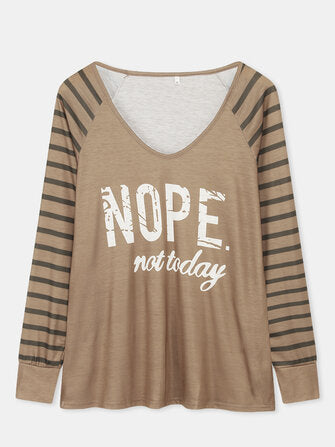 Women Letter & Side  Stripe Print V-Neck Casual Blouse