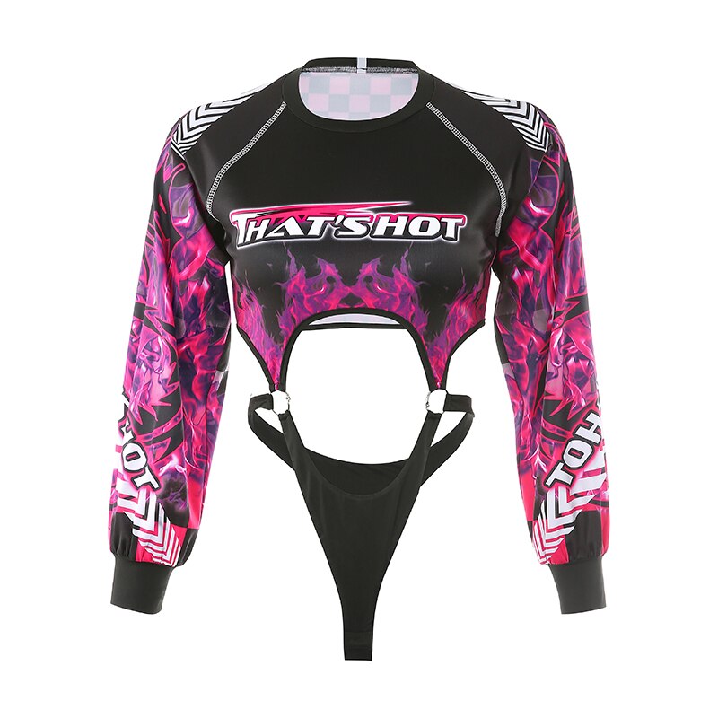 Rapwriter Sexy Backless Cut Out Beach Jumpsuit Summer Rave Clothes O-Neck Long Sleeve Flame Print Backless Gothic Bodysuit Women