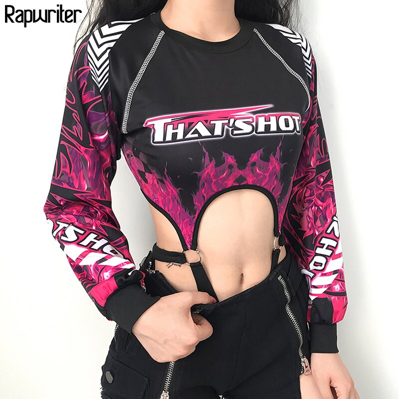 Rapwriter Sexy Backless Cut Out Beach Jumpsuit Summer Rave Clothes O-Neck Long Sleeve Flame Print Backless Gothic Bodysuit Women