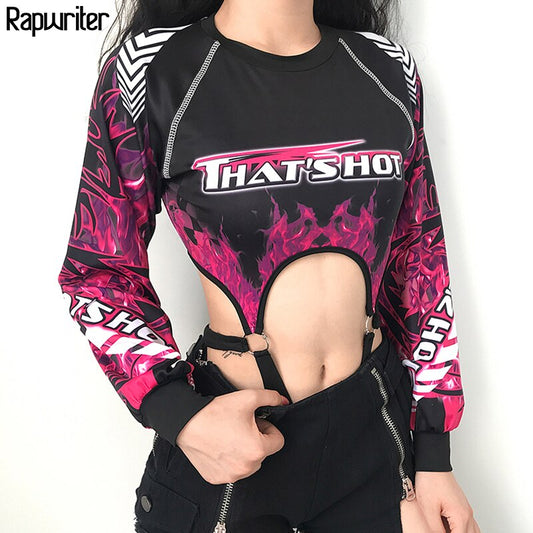 Rapwriter Sexy Backless Cut Out Beach Jumpsuit Summer Rave Clothes O-Neck Long Sleeve Flame Print Backless Gothic Bodysuit Women