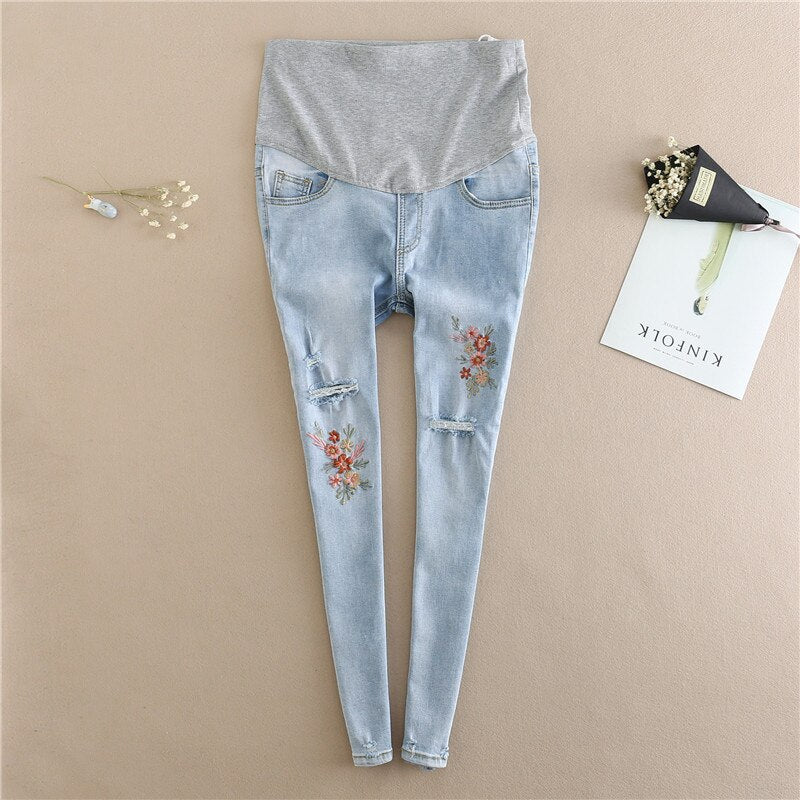 976# Embroidery Flower Denim Maternity Jeans Summer Light Blue Ripped Hole Pencil Pregnancy Trousers Clothes for Pregnant Women