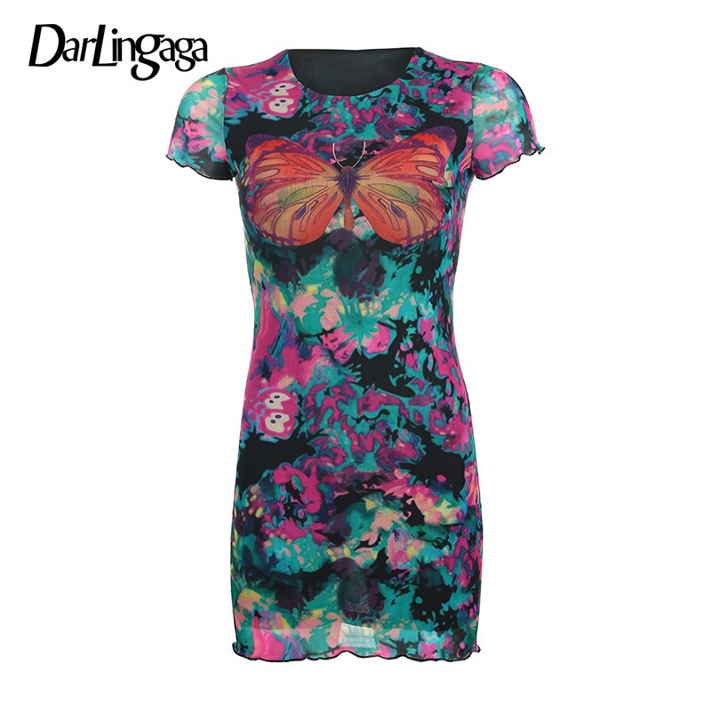 Darlingaga Colorful Butterfly Print Summer Dress Mesh Patchwork Harajuku Festival Woman Dress Mini Sundress Slim Clothes Dresses