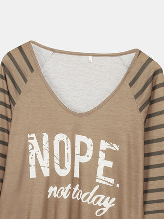 Women Letter & Side  Stripe Print V-Neck Casual Blouse