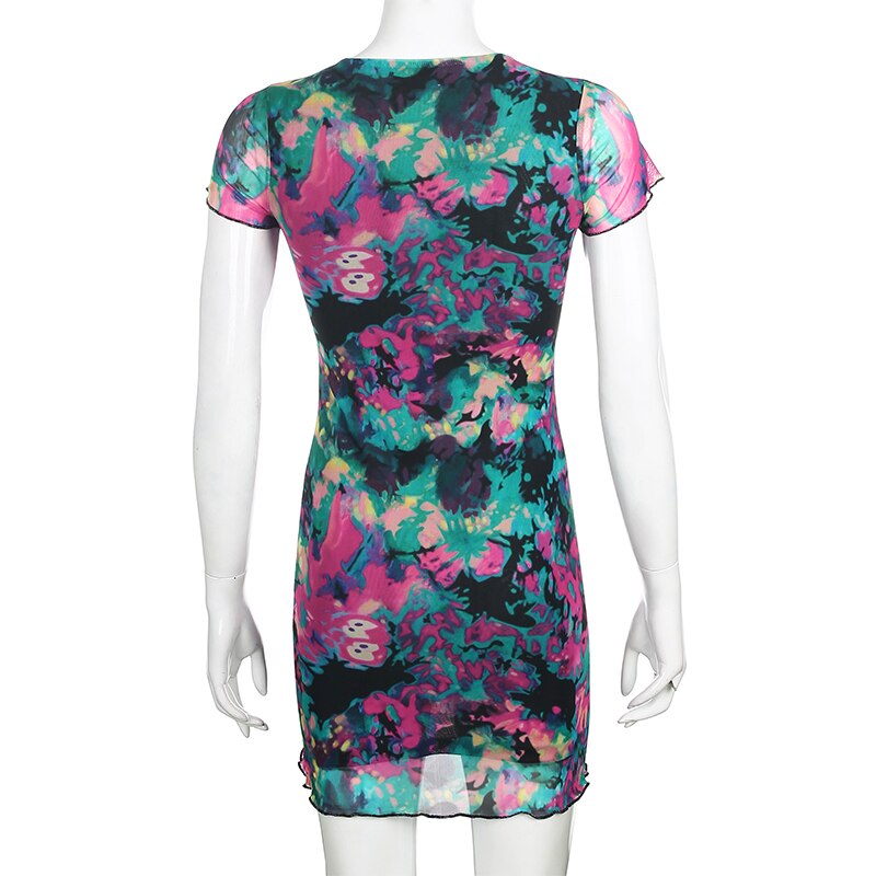 Darlingaga Colorful Butterfly Print Summer Dress Mesh Patchwork Harajuku Festival Woman Dress Mini Sundress Slim Clothes Dresses