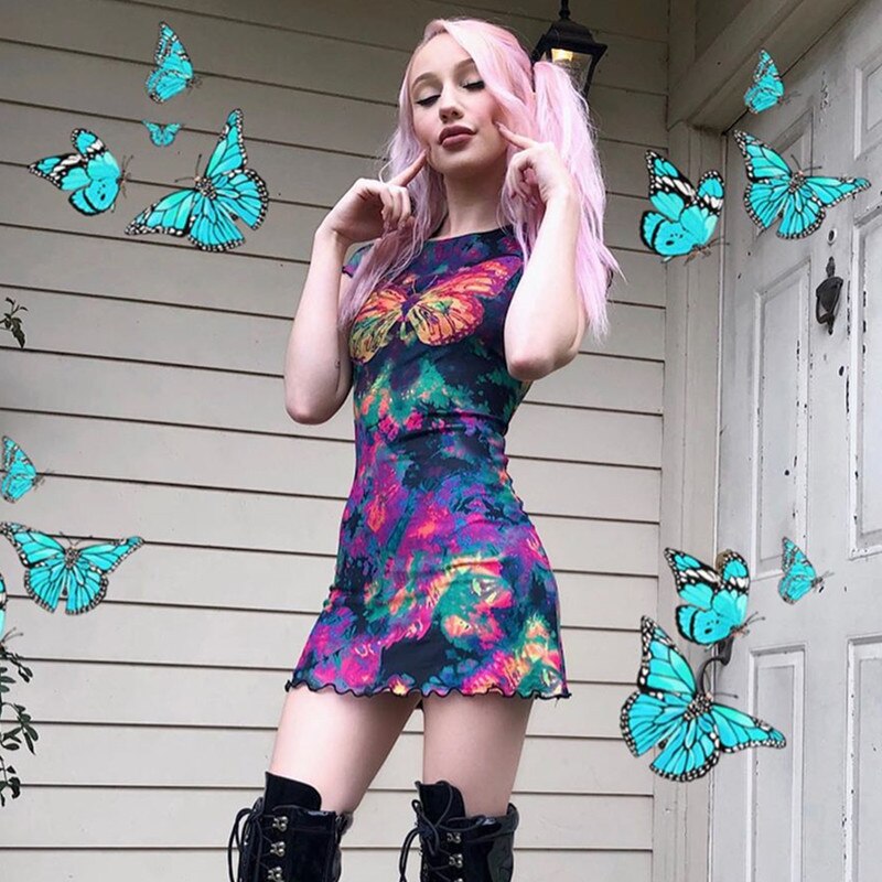 Darlingaga Colorful Butterfly Print Summer Dress Mesh Patchwork Harajuku Festival Woman Dress Mini Sundress Slim Clothes Dresses