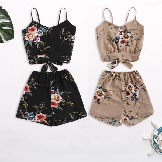 Feitong Two Piece Set Floral V Neck Cropped Top and Elastic Waisted Trim Shorts Women Clothes Casual Summer Twinset