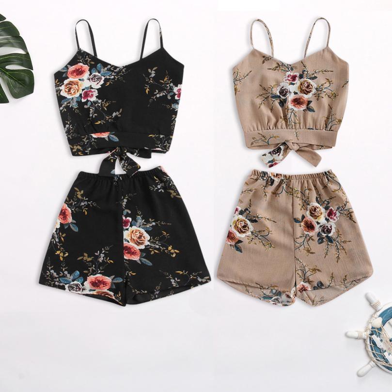 Feitong Two Piece Set Floral V Neck Cropped Top and Elastic Waisted Trim Shorts Women Clothes Casual Summer Twinset