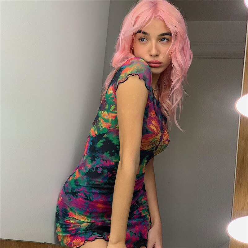 Darlingaga Colorful Butterfly Print Summer Dress Mesh Patchwork Harajuku Festival Woman Dress Mini Sundress Slim Clothes Dresses