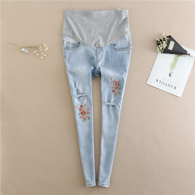 976# Embroidery Flower Denim Maternity Jeans Summer Light Blue Ripped Hole Pencil Pregnancy Trousers Clothes for Pregnant Women