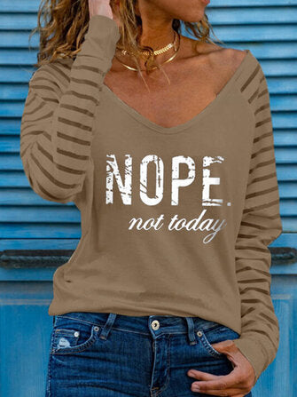 Women Letter & Side  Stripe Print V-Neck Casual Blouse