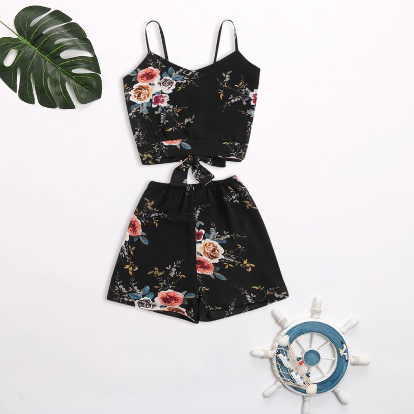 Feitong Two Piece Set Floral V Neck Cropped Top and Elastic Waisted Trim Shorts Women Clothes Casual Summer Twinset