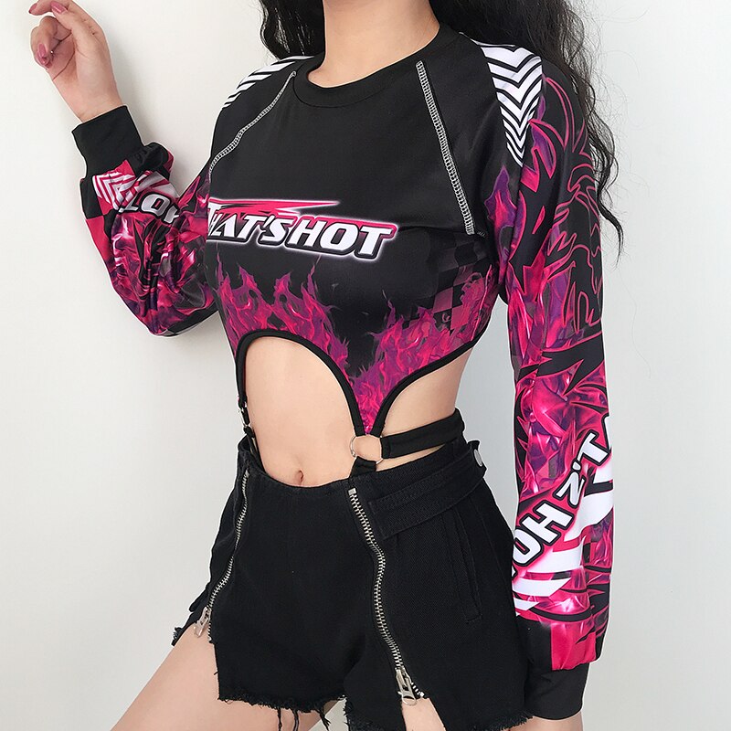 Rapwriter Sexy Backless Cut Out Beach Jumpsuit Summer Rave Clothes O-Neck Long Sleeve Flame Print Backless Gothic Bodysuit Women